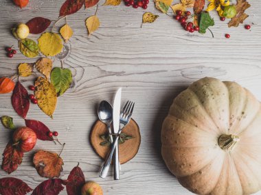 Sonbahar masa ayarı, düşmüş yapraklarından arka plan, elma.physalis, ahşap masa üzerinde vintage yer ayarı ile çilek. Şükran günü kavramı