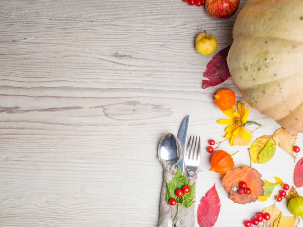 Thanksgiving autumn fall table setting copy space background, with pumpkin, leaf, red berries