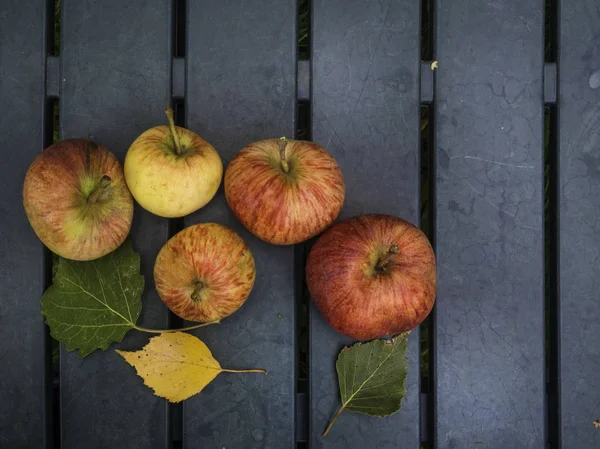 Manzanas y hojas sobre fondo de mesa de jardín. Fondo de otoño — Foto de Stock