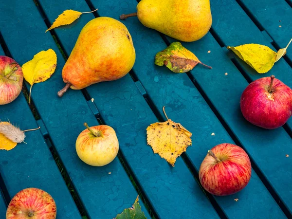 fresh apples and pears in autumn season, yellow and green leaves on garden table