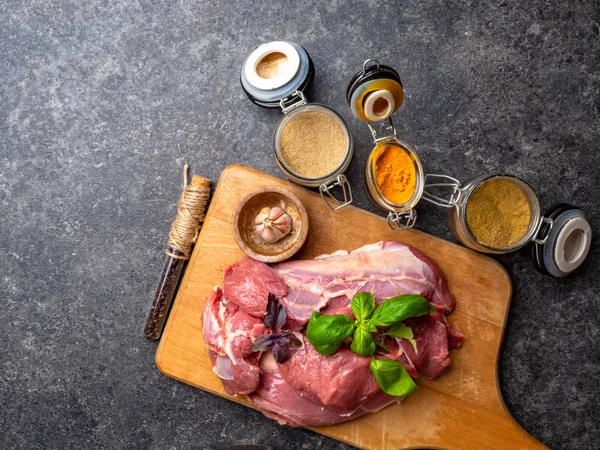 Pó de marinada, especiarias em carne suculenta fresca em fundo cinza — Fotografia de Stock