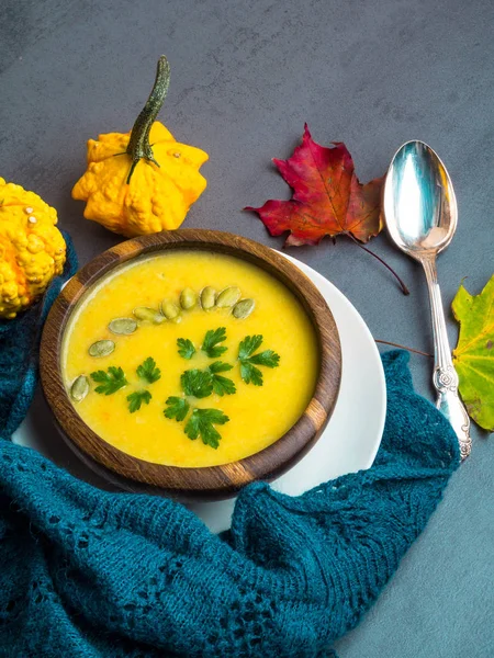 Sopa de calabaza tradicional con hojas de otoño y calabazas decorativas, cuadros suaves — Foto de Stock