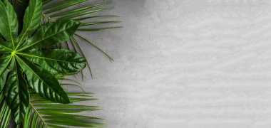 Yaprak desenli pankart. Gri arka planda altın rengi tropikal yapraklar. Yaz kavramı. Düz taban.