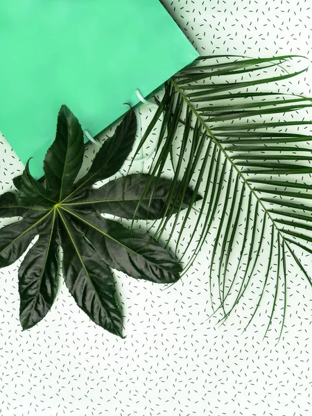 Färska naturliga gröna tropiska blad på randig vit bakgrund, med eco mint färg papperspåse. Sommar och semester koncept — Stockfoto