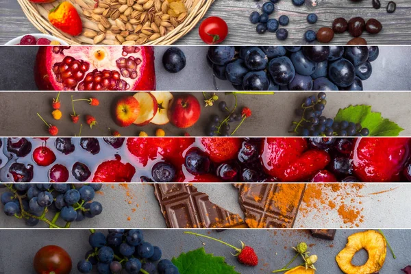 Colagem Alimentos Ricos Antioxidantes Resveratrol Alimentos Para Saúde Dieta Equilibrada — Fotografia de Stock