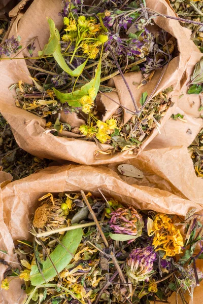 Mélange Herbes Cicatrisantes Dans Des Sacs Papier Éco Zéro Déchet — Photo