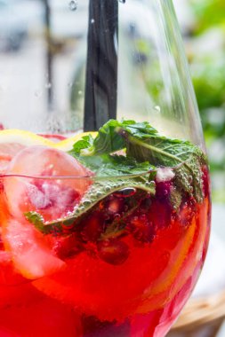 Nane, limon dilimleri ve kırmızı böğürtlenli yaz kokteyli, yaz ferahlatıcı içecek. Meyve kokteyli.