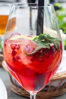 Nane, limon dilimleri ve kırmızı böğürtlenli yaz kokteyli, yaz ferahlatıcı içecek. Meyve kokteyli.