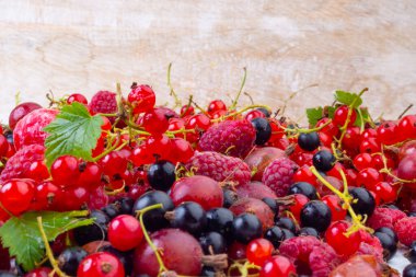 Çiğ çilek, ahududu, kırmızı ve siyah frenk üzümü, Bektaşi üzümü ve seçilmiş odak noktasından oluşan taze taze meyve karışımı.