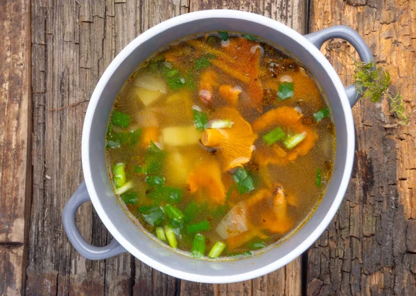 Schüssel Suppe Mit Herbstlichen Pfifferlingen Und Kräutern Grüne Zwiebel Auf — Stockfoto