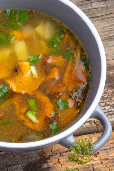 Bowl of soup with autumn chanterelles and herbs, green onion on rusrtic wooden background. Vegetarian Russian cuisine — Stock Image Bowl Soup Autumn Chanterelles Herbs Green Onion Rusrtic Wooden Background Royalty Free Stock Images
