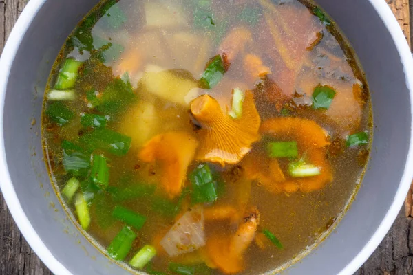 Schüssel Suppe Mit Herbstlichen Pfifferlingen Und Kräutern Grüne Zwiebel Auf — Stockfoto