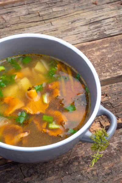 Bowl of soup with autumn chanterelles and herbs, green onion on rusrtic wooden background. Vegetarian Russian cuisine — Stock Image Bowl Soup Autumn Chanterelles Herbs Green Onion Rusrtic Wooden Background Royalty Free Stock Photos