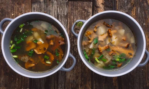 Bowls of soup with autumn chanterelles and herbs, green onion on rusrtic wooden background. Vegetarian Russian cuisine — Stock Image Bowls Soup Autumn Chanterelles Herbs Green Onion Rusrtic Wooden Background Royalty Free Stock Images