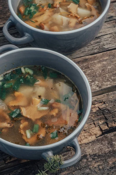 Bowl of soup with autumn chanterelles and herbs, green onion on rusrtic wooden background. Vegetarian Russian cuisine — Stock Image Bowl Soup Autumn Chanterelles Herbs Green Onion Rusrtic Wooden Background Stock Picture