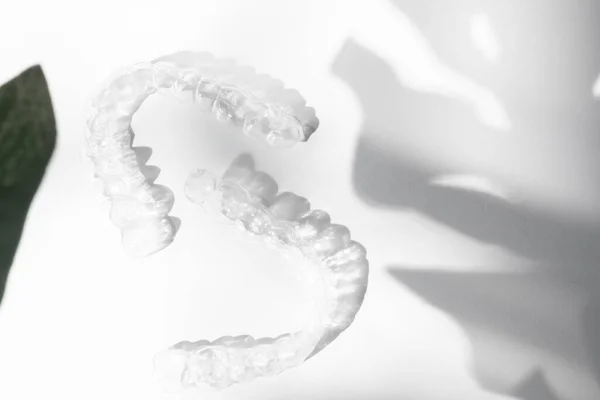 Modern tooth transparent aligners or braces to straighten teeth in cosmetic dentistry and orthodontics on white background with trendy flower shadow, copy space