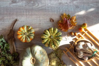 Kuru yaprakların, sarımsağın ve balkabaklarının sonbahar kompozisyonu ahşap masa, düzlük, cadılar bayramı, Şükran Günü veya mevsimsel sonbahar tasarımı.