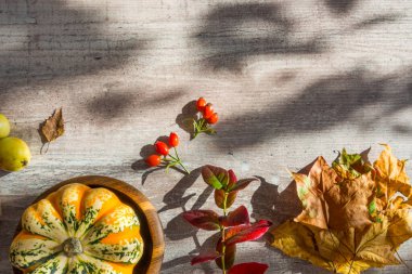 Balkabaklarından sonbahar dekoru, sarımsaklı kırmızı böğürtlen, beyaz ahşap arka planda meşe palamudu. Şükran Günü veya Cadılar Bayramı kavramı. Düz sonbahar kompozisyonu