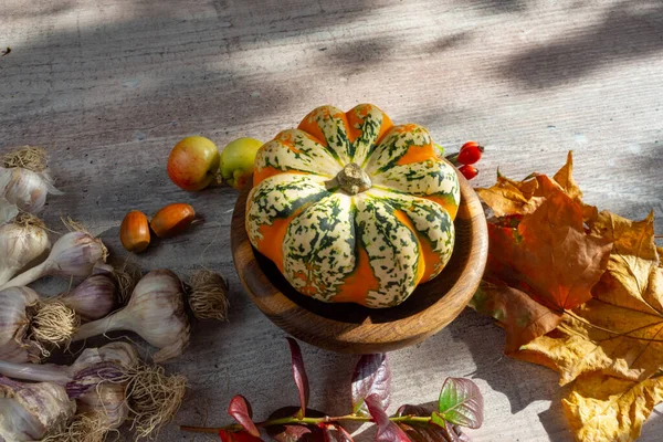 Decoración Otoño Calabazas Bayas Rojas Follaje Ajo Acorde Sobre Fondo — Foto de Stock