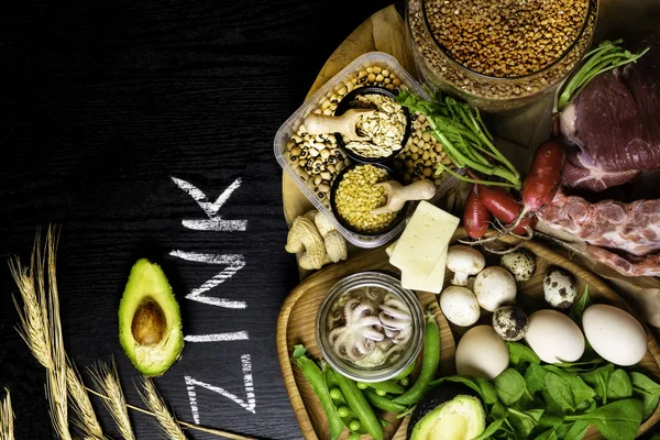 Foods Highest In Zinc As Octopus In Oil Beef Buckwheat Yellow Cheese Spinach Avokado Pea Mushrooms Bean Radishes Eggs With Inscription Healthy Diet Food Top View Steak Meal Stock Photo 203111840