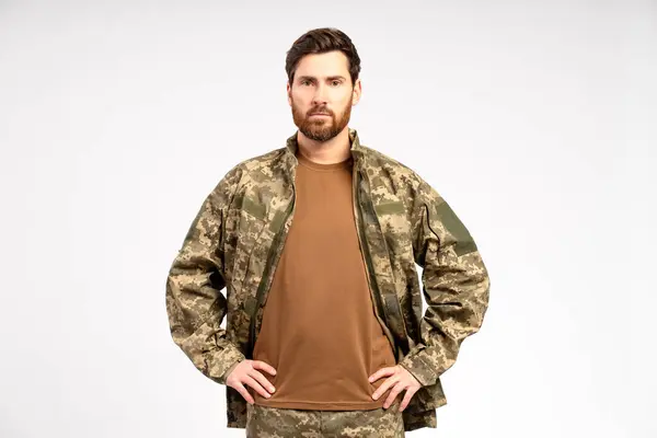 Handsome Bearded Man Soldier Wearing Camouflage Military Uniform Holding Looking — Stock Photo, Image