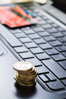 Paralar, kartları ve dizüstü bilgisayar, dikey dükkanı konseptiyle alışveriş online