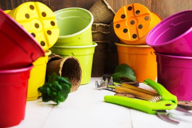 Beyaz arka plan üzerinde araçlarıyla Bahçe renkli tencere