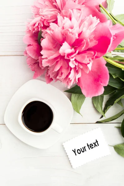 Pink Peony Flowers White Cup Coffee Note Your Isolated Text — Stock Photo, Image