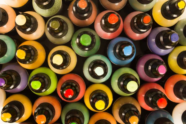 Botellas Con Pinturas Color Botellas Plástico Disposición Plana — Foto de Stock