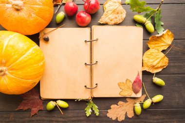 Sonbahar dekorasyonu ile açık boş kitap kopya alanı, düz ile ahşap masa üzerinde yatıyordu