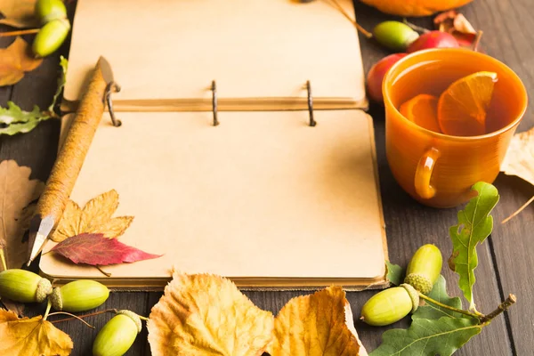 Sonbahar arka plan açık vintage defter kalem ile ile limonlu çay sıcak ve kuru ahşap masa, seçici odak yapraklarda