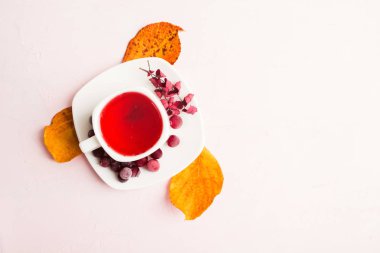 Pembe arka plan üzerinde kırmızı sağlıklı kızılcık sıcak içecek ve kuru dekorasyon sonbahar kompozisyonu yaprakları, sonbahar rahat ana sayfa, daire tarzı yatıyordu