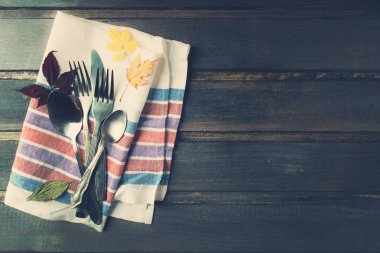 Çatal bıçak doku üzerinde hazır yemek, Şükran günü kavramı, genel gider görünümü, kopya alanı ile düz yatıyordu için hizmet veren fotoğraf tonda