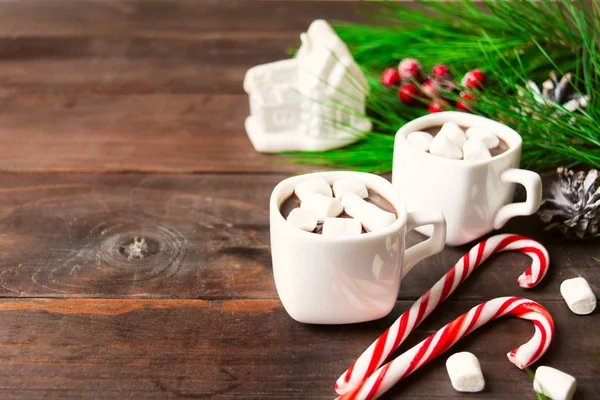 Két Forró Italok Marshmallow Csésze Játék Ház Két Édességet Vesszők — Stock Fotó