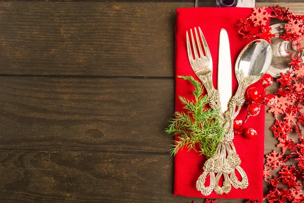 Ajuste Mesa Vacaciones Con Color Rojo Mesa Madera Con Espacio — Foto de Stock