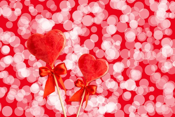 Two Sweet Hearts Bows Sticks Abstract Background Love Valentine Day — Stock Photo, Image