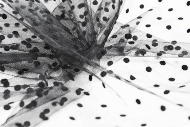 Beyaz arka planda siyah tül malzemenin soyut bileşimi. Dikiş konsepti