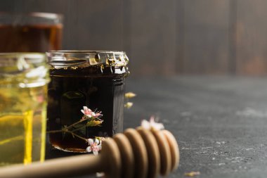 İki tip bal, karabuğday koyu bal ve çiçek ışığı balı cam kavanozlarda siyah arka planda ahşap sopa ile. Boşluk Kopyala