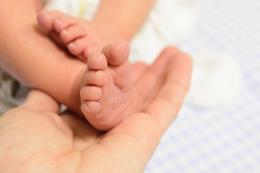 Mavi arka plan ile erkek elinde Yenidoğan bebek ayakları