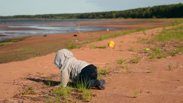 Pequeño niño irreconocible explorando el mundo en la playa del mar. Bebé se arrastra en la naturaleza — Vídeo de stock