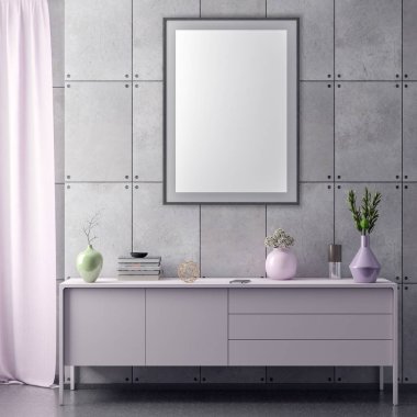 Poster çerçevesi hipster iç arka plan ve beton duvar, 3d çizim kadar alay