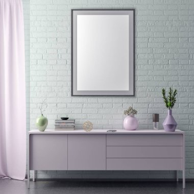 Poster çerçevesi hipster iç arka plan ve tuğla duvar, 3d çizim kadar alay.