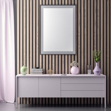 Poster çerçevesi içinde yenilikçi pembe renkler ve ahşap duvar plakalar, 3d illüstrasyon iç arka plan dalga