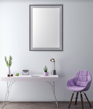 Poster çerçevesi hipster iç arka planda, 3d çizim kadar alay