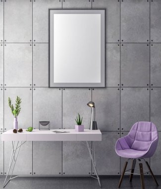 Poster çerçevesi hipster iç arka plan ve beton duvar, 3d çizim kadar alay