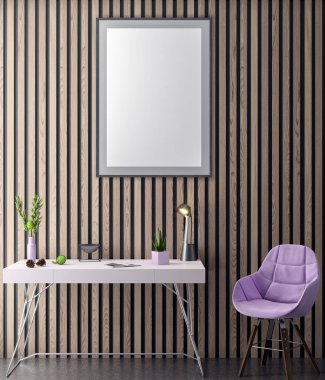 Poster çerçevesi içinde yenilikçi pembe renkler ve ahşap duvar plakalar, 3d illüstrasyon iç arka plan dalga