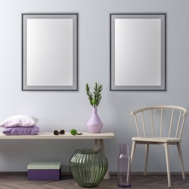 Poster çerçevesi hipster iç arka planda, 3d çizim kadar alay