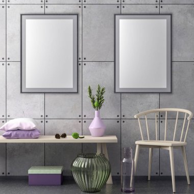 Poster çerçevesi hipster iç arka plan ve beton duvar, 3d çizim kadar alay