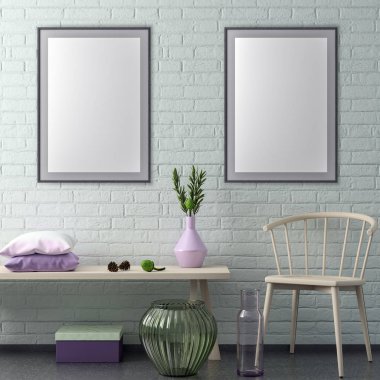Poster çerçevesi hipster iç arka plan ve tuğla duvar, 3d çizim kadar alay