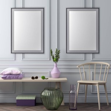 Poster çerçevesi iç arka plan ve klasik duvar, 3d çizim kadar alay.